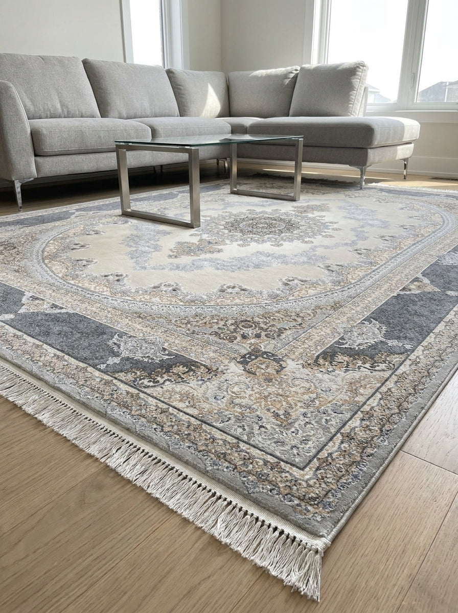 Mashad 723502 Silver Traditional Persian-Style Area Rug & Hallway Runner – Machine-Made, Turkey