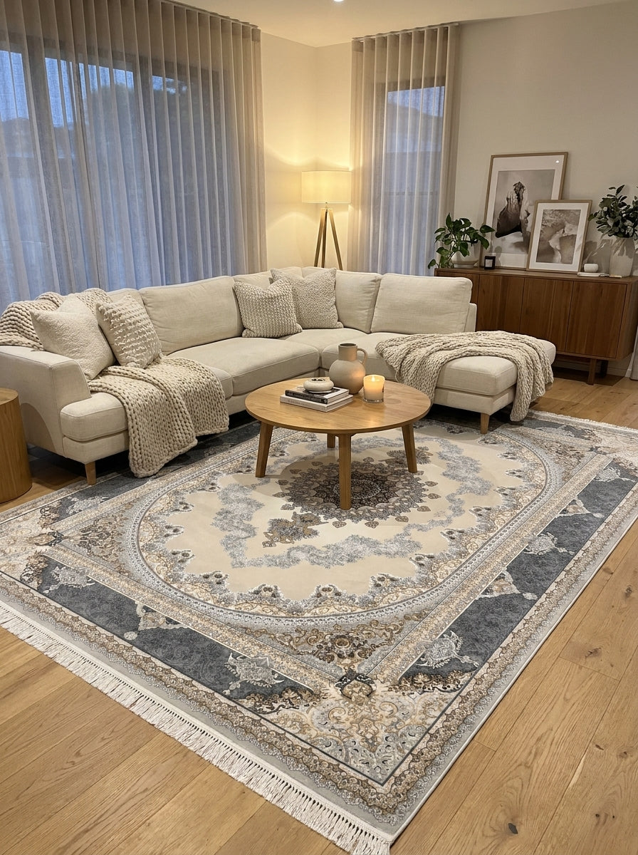 Mashad 723502 Silver Traditional Persian-Style Area Rug & Hallway Runner – Machine-Made, Turkey