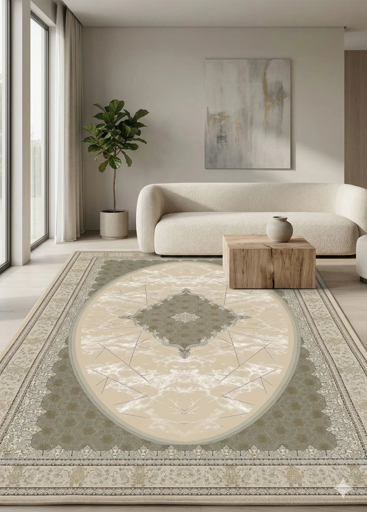 Parnian Beige Traditional Persian Area Rug - oval medallion detail